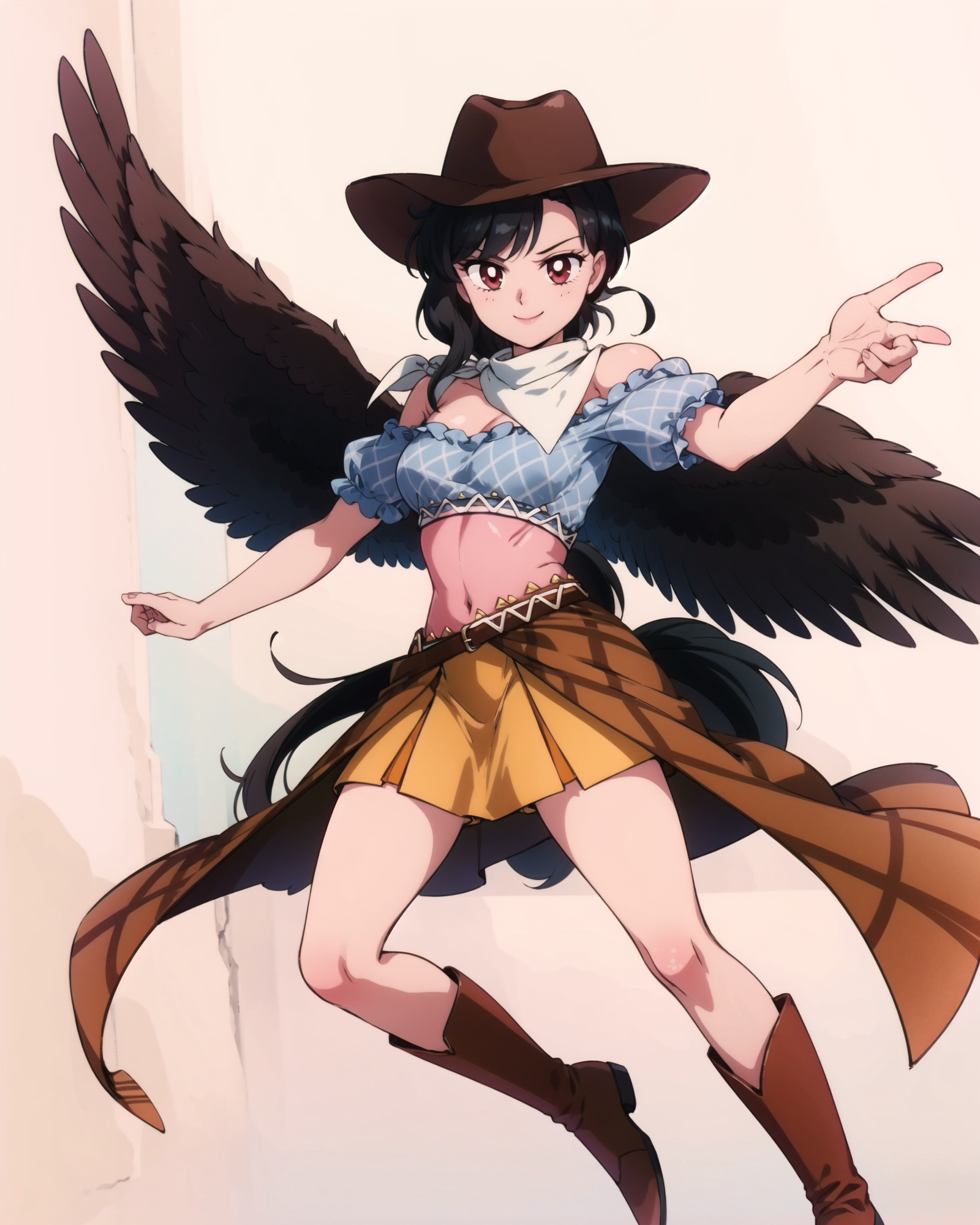 00489-451501115-, full body, solo, 1girl, kurokoma saki, smile, looking at viewer, cowboy hat, cowboy boots, brown footwear, horse_tail, thighs,.png